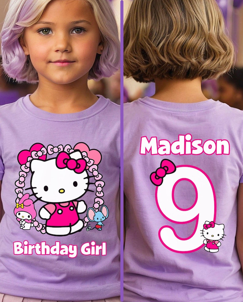 Kawaii Birthday Girl T-Shirt, Kawaii Cat Birthday Theme Party Shirt, Birthday Girl Family Shirts, Birthday Kitty T-Shirt, Front and Back PURPLE