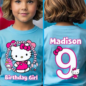 Kawaii Birthday Girl T-Shirt, Kawaii Cat Birthday Theme Party Shirt, Birthday Girl Family Shirts, Birthday Kitty T-Shirt, Front and Back SKY BLUE
