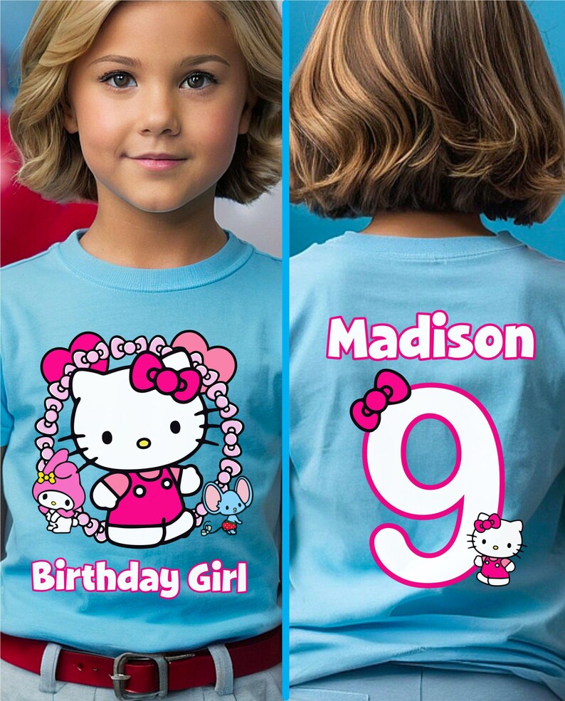 Kawaii Birthday Girl T-Shirt, Kawaii Cat Birthday Theme Party Shirt, Birthday Girl Family Shirts, Birthday Kitty T-Shirt, Front and Back SKY BLUE