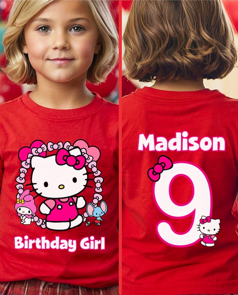 Kawaii Birthday Girl T-Shirt, Kawaii Cat Birthday Theme Party Shirt, Birthday Girl Family Shirts, Birthday Kitty T-Shirt, Front and Back RED