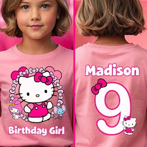 Camiseta de cumpleaños de niña kawaii, camiseta de fiesta de cumpleaños con temática de gato kawaii, camisetas familiares de cumpleañera, camiseta de cumpleaños de gatito (delantera y trasera)