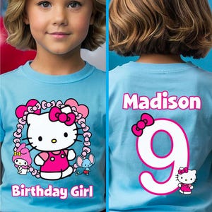Camiseta de cumpleaños de niña kawaii, camiseta de fiesta de cumpleaños con temática de gato kawaii, camisetas familiares de cumpleañera, camiseta de cumpleaños de gatito (delantera y trasera)