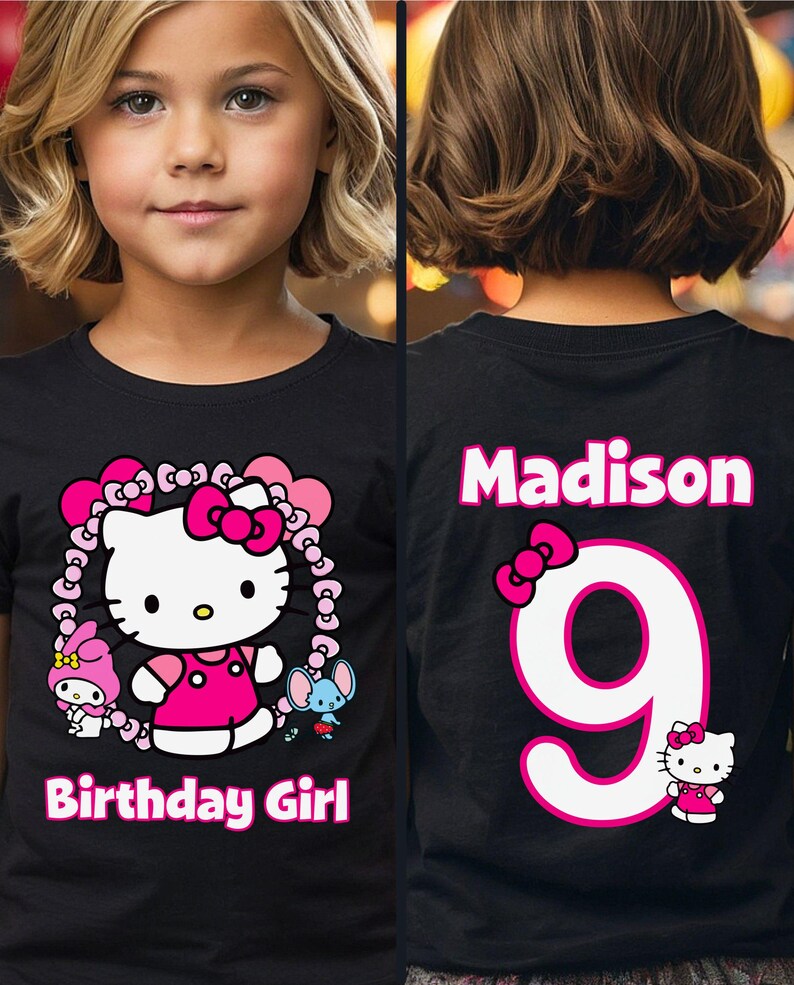 Kawaii Birthday Girl T-Shirt, Kawaii Cat Birthday Theme Party Shirt, Birthday Girl Family Shirts, Birthday Kitty T-Shirt, Front and Back BLACK