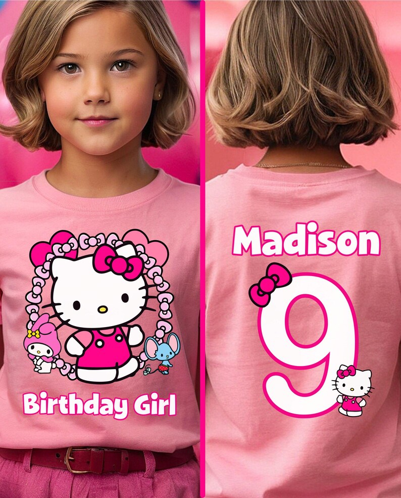 Kawaii Birthday Girl T-Shirt, Kawaii Cat Birthday Theme Party Shirt, Birthday Girl Family Shirts, Birthday Kitty T-Shirt, Front and Back PINK
