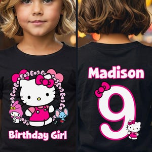 Camiseta de cumpleaños de niña kawaii, camiseta de fiesta de cumpleaños con temática de gato kawaii, camisetas familiares de cumpleañera, camiseta de cumpleaños de gatito (delantera y trasera)