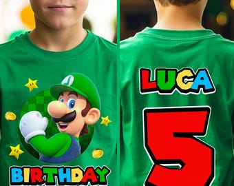 Personalized Luigi Super Mario Family Birthday Shirt, Super Mario Family Shirts, Birthday Party Shirt, Custom Front and Back Short Sleeve.