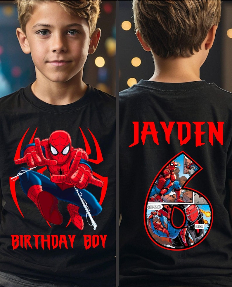 Personalized Spider man Family Birthday Shirt, Family Shirts, Birthday Party Shirt, Toddler T-Shirt, Front and Back BLACK