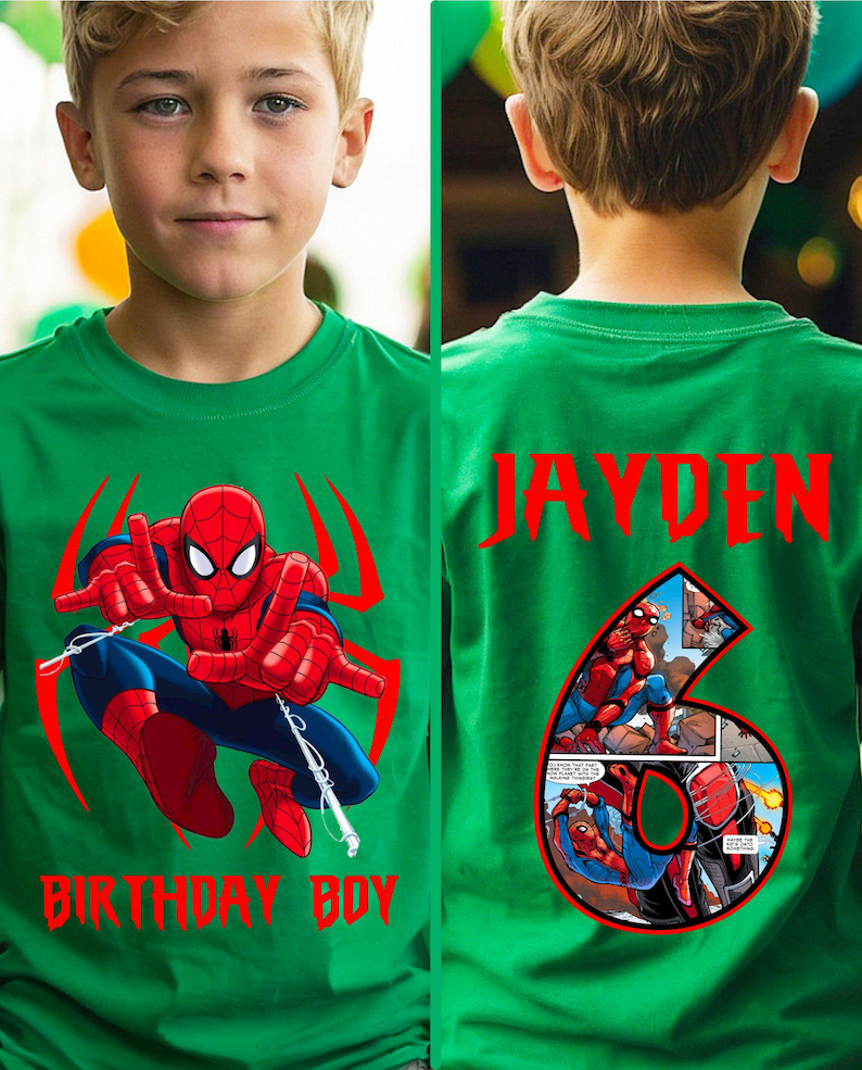 Personalized Spider man Family Birthday Shirt, Family Shirts, Birthday Party Shirt, Toddler T-Shirt, Front and Back GREEN