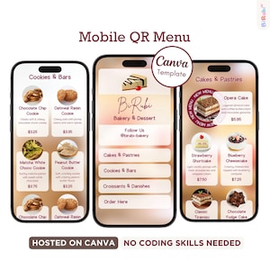 編集可能なCanva Glassmorphism Bakery QRメニューテンプレート | Blush Pastelモバイルウェブサイト