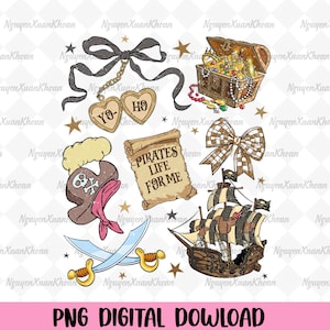 Könnte beinhalten: Digitale Illustration mit Piratenmotiven. Sie zeigt eine Schatzkiste voller Gold, ein Piratenschiff, gekreuzte Schwerter, einen Piratenhut und eine Schriftrolle mit dem Text "PIRATES LIFE FOR ME". Enthält auch eine Schleife und herzförmige Medaillons.