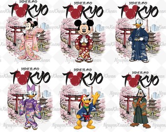 May include: Digital download featuring six Disney characters in traditional Japanese attire, with the text "Disneyland Tokyo." Minnie Mouse, Mickey Mouse, and Donald Duck are depicted, along with Daisy Duck, Goofy, and Pluto. The background includes cherry blossoms and Japanese architecture.