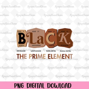 May include: A digital graphic with the word "BLACK" spelled out using elements from the periodic table. The word is in brown and tan tones, with the elements Boron, Lanthanum, Carbon, and Potassium. The text "THE PRIME ELEMENT" is below.