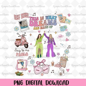 Op de afbeelding: Een digitale afbeelding met de tekst "This is What Dreams Are Made Of" en andere tekst. De afbeelding bevat illustraties van twee vrouwen, een scooter, reisartikelen en muzieknoten. De onderkant van de afbeelding luidt "PNG DIGITAL DOWNLOAD".