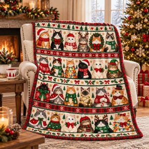 May include: A cream-colored throw blanket featuring a repeating pattern of cats dressed in holiday attire, including Santa hats, scarves, and reindeer antlers, separated by horizontal bands of red plaid, snowflakes, and pine trees.