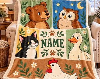 Personalized Little Bear Friends Blanket, Custom Name Soft Flannel Kids Gift