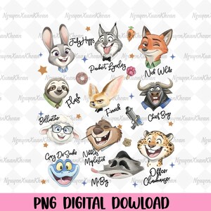 May include: A digital download featuring colourful illustrations of characters from a popular animated film. The image includes characters like Judy Hopps, Nick Wilde, and Flash, with their names written below. The text "PNG DIGITAL DOWNLOAD" is at the bottom.