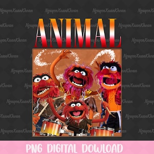 Könnte beinhalten: Ein digitales Grafikdesign mit Animal von den Muppets und seinen Bandkollegen. Das Wort "ANIMAL" wird in großen, farbenfrohen Buchstaben über der Band angezeigt. Der Satz "PNG DIGITAL DOWNLOAD" steht unten.