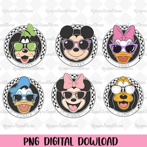 Puede incluir: Una descarga digital con seis diseños circulares de personajes de Disney, incluyendo Mickey, Minnie, Donald, Daisy, Goofy y Pluto, cada uno con gafas de sol. Los diseños están sobre un fondo a cuadros blanco y negro con los nombres de los personajes.
