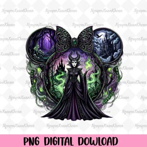 May include: Digital download featuring a stylized illustration of a Disney villain. The design incorporates a black bow, a forest scene, and a castle. The image includes the text "PNG DIGITAL DOWNLOAD".