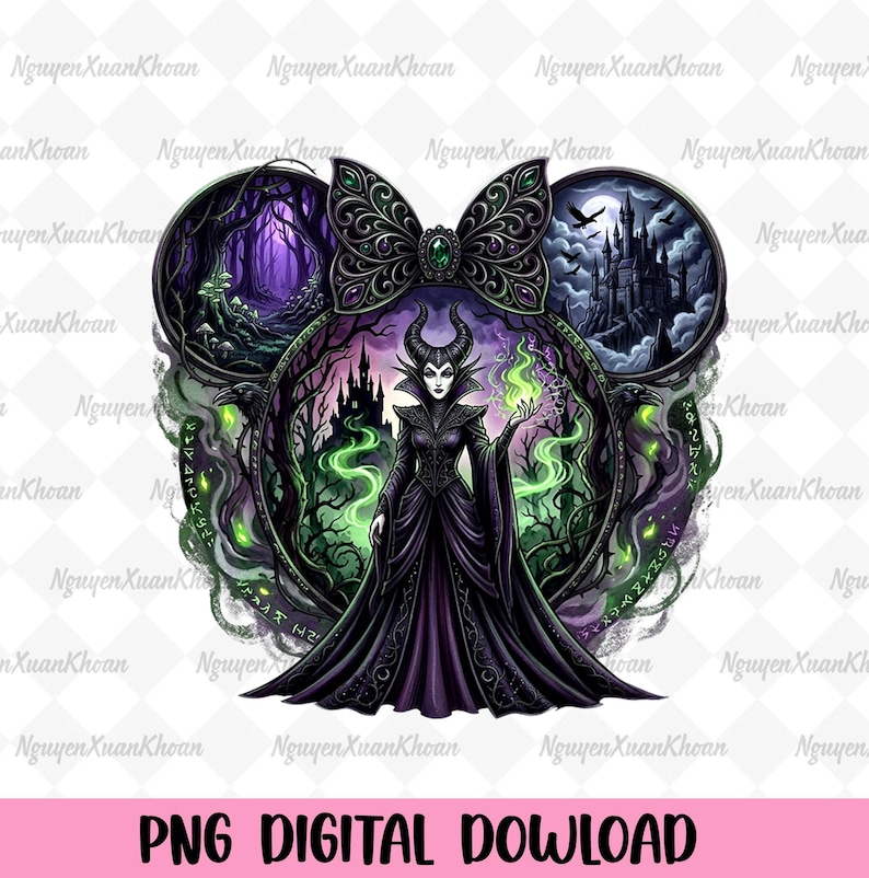 May include: Digital download featuring a stylized illustration of a Disney villain. The design incorporates a black bow, a forest scene, and a castle. The image includes the text "PNG DIGITAL DOWNLOAD".