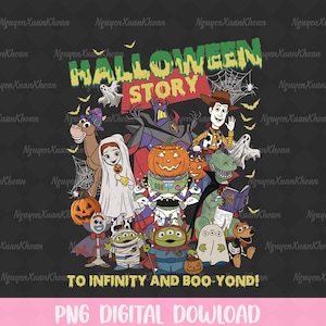 Peut inclure: Un graphique numérique représentant des personnages de Toy Story en costumes d'Halloween, dont un ranger de l'espace à tête de citrouille, un cow-boy et des extraterrestres. Le texte indique HALLOWEEN STORY en haut et TO INFINITY AND BOO-YOND! en bas.