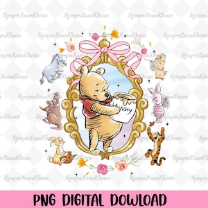 May include: A digital PNG download featuring Winnie the Pooh with a honey pot, surrounded by friends including Piglet and Tigger. The design includes a gold frame, flowers, and the text "PNG DIGITAL DOWNLOAD".