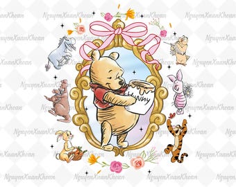 Watercolor Coquette Bow Pooh and Friends png, Disney Winnie The Pooh  Digital download
