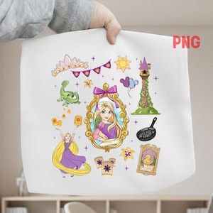 Op de afbeelding: Een wit vel met verschillende illustraties uit de animatiefilm, waaronder een prinses met lang blond haar, een gouden lijst, een toren, een koekenpan en een groene kameleon. De illustraties zijn in heldere kleuren.