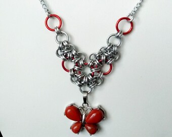 Rustic Red Butterfly Natural Stone Chainmaille Necklace