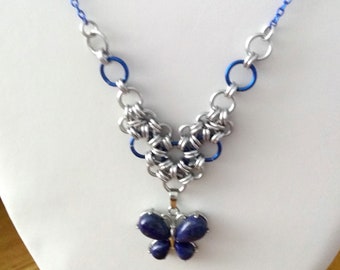 Beautiful Blue Butterfly Natural Stone Chainmaille Necklace