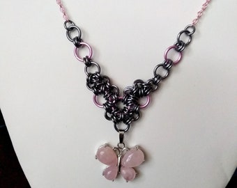 Pretty in Pink Butterfly Rose Quartz Chainmaille Necklace