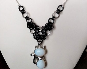 Whimsical White Cat Quartz Pendant Chainmaille Necklace