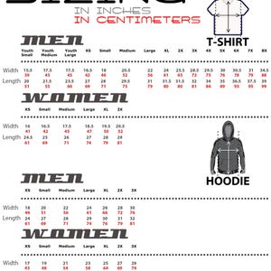 The image is a size chart for men and women, providing measurements for different age groups and t-shirt sizes.