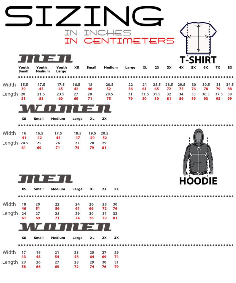The image is a size chart for men and women, providing measurements for different age groups and t-shirt sizes.