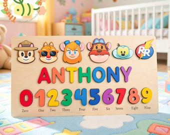 Personalized Name Puzzle Chip & Dale Inspired, Custom Kids Wooden Puzzle with Numbers, Cute Chipmunk Toy, Birthday Gift