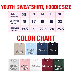The image is a color chart for youth sweatshirts and hoodies, displaying various color options and corresponding sizes.