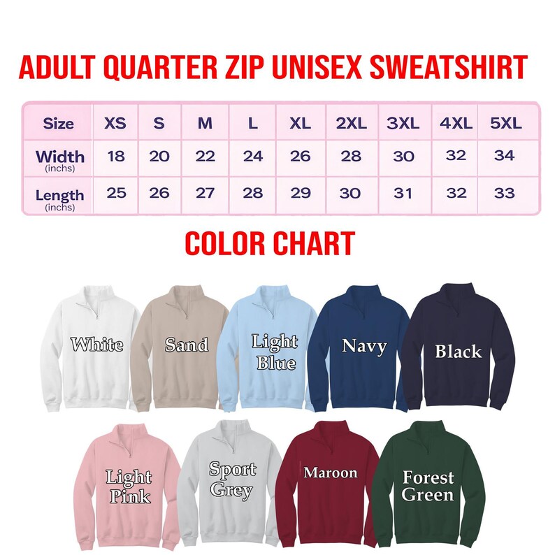a color chart for an adult quarter zip unisex sweatshirt, showing the different color options available and their corresponding sizes.