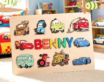 Personalized Name Puzzle with Cars, Disney Car Theme Wooden Puzzle, Custom Kids Name Board, Toddler Learning Toy Gift