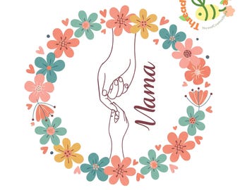 Floral Mama PNG, Boho Mother and Child Hand Design, Pastel Flower Circle Mom Sublimation File, Instant Download