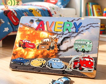 Rompecabezas de nombres de Disney Pixar Cars, rompecabezas de madera personalizado de Rayo McQueen, tablero de nombres personalizado para niños, regalo con temática de coches