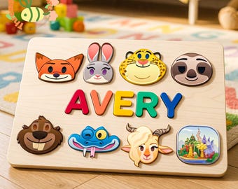 Rompecabezas personalizado de Zootopia, juguete de madera, tablero de nombres personalizado para niños, Judy Nick, animal perezoso, regalo Montessori para niños pequeños