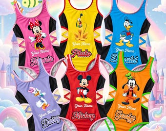 Traje de baño personalizado de Disney Friends para niñas, traje de baño de una pieza personalizado con nombre de Mickey, Minnie, Pluto, Donald, Daisy y Goofy. Regalo ideal para niñas.