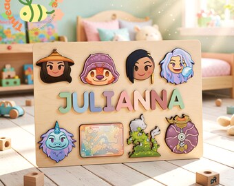 Raya Princess Name Puzzle Personalized Wooden Puzzle Custom Girl Name Sign Kids Toy Princess Nursery Decor Baby Gift