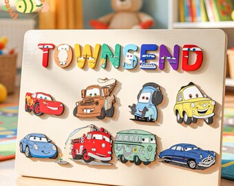 Rompecabezas de nombres de Disney Pixar Cars, rompecabezas de madera personalizado de Rayo McQueen, juguete personalizado con nombre para niños, regalo con temática de Cars para niños pequeños