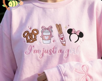 Camisa bordada con orejas de Mickey de Disney, camiseta "I'm Just a Girl" de Disney, cuello redondo rosa de Disneyland, bonito atuendo de Disney para mujer.