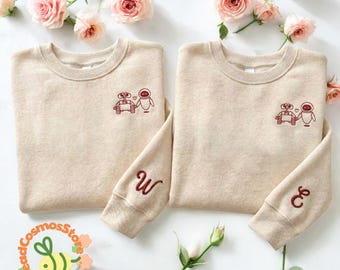 Embroidered Disney Wall-E Eve Shirt, Wall E Eve Couple Shirt, Custom Initial Sleeve, Personalized Disney Valentine Gift, Matching Couple tee