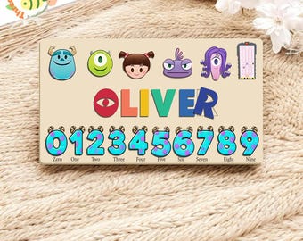 Disney Monster Inc with Number Name Puzzle , Cute Monster Inc Name Puzzle, Personalized Kids Room Decor, Custom Name and Number Board