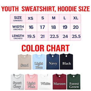 The image is a color chart for youth sweatshirts and hoodies, displaying various color options and corresponding sizes.
