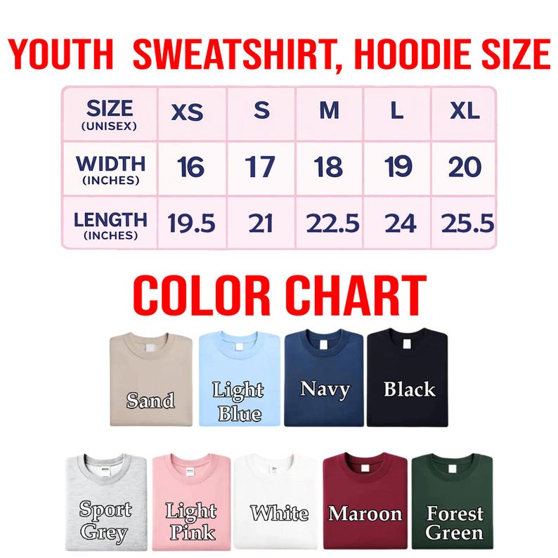 The image is a color chart for youth sweatshirts and hoodies, displaying various color options and corresponding sizes.