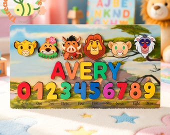 Lion King Name Puzzle, Safari Animals Number Puzzle 0-9, Personalized Wooden Name Puzzle, Kids Counting Learning Toy Gift